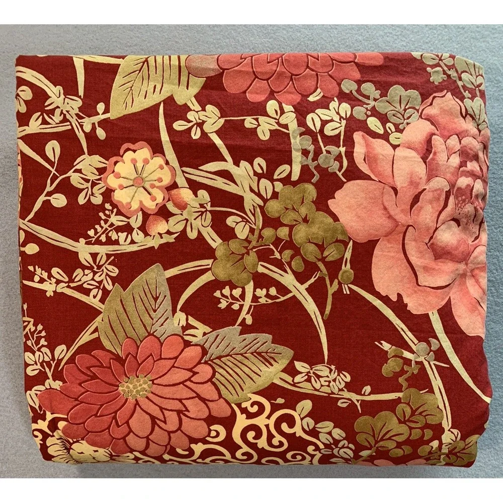 Pottery Barn Dahlia Floral King Duvet Cover Red Cotton Bedding Green Brown